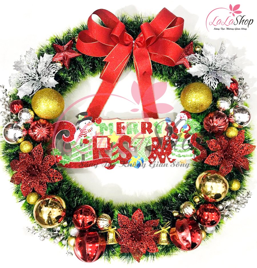 Vòng Nguyệt Quế Trang Trí Noel Nơ Đỏ Lớn Kèm Chữ Merry Christmas 26 - 65cm