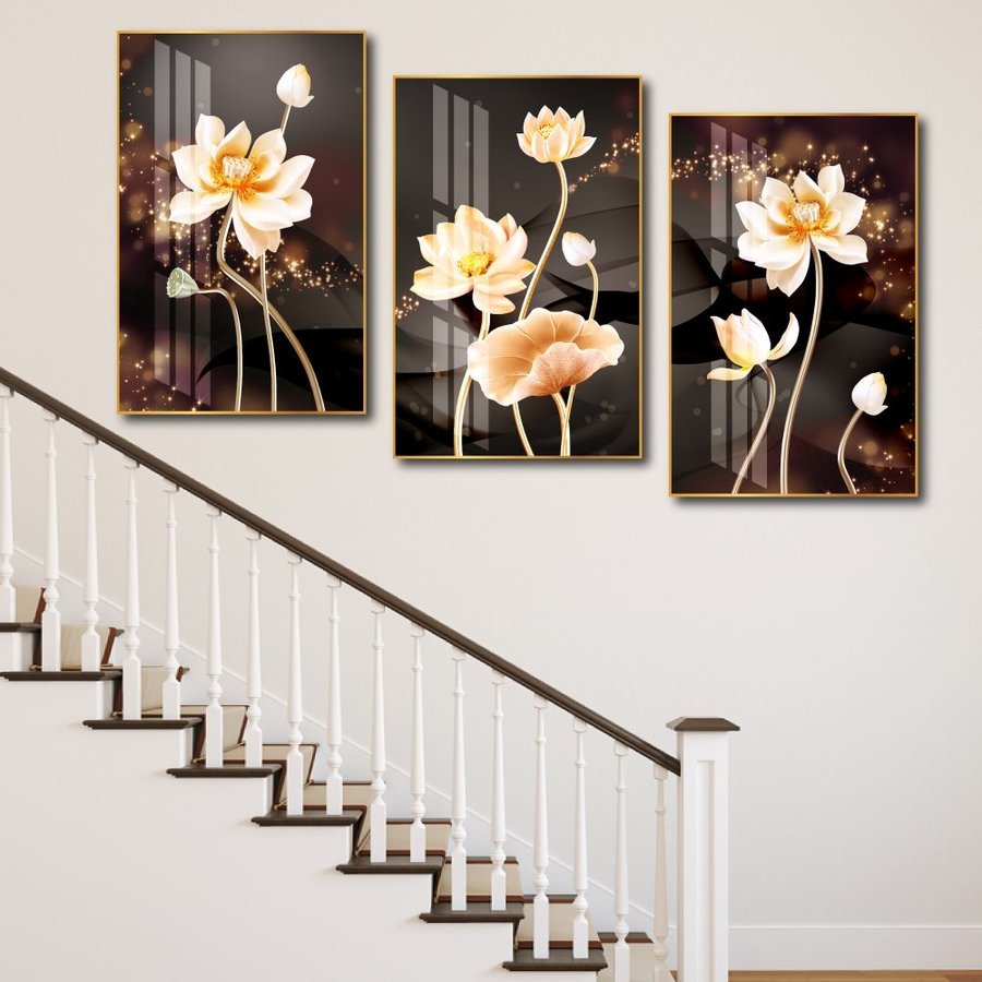 tranh treo tường hoa sen vàng kích thước 3 tấm 30x45cm TRÁNG GƯƠNG