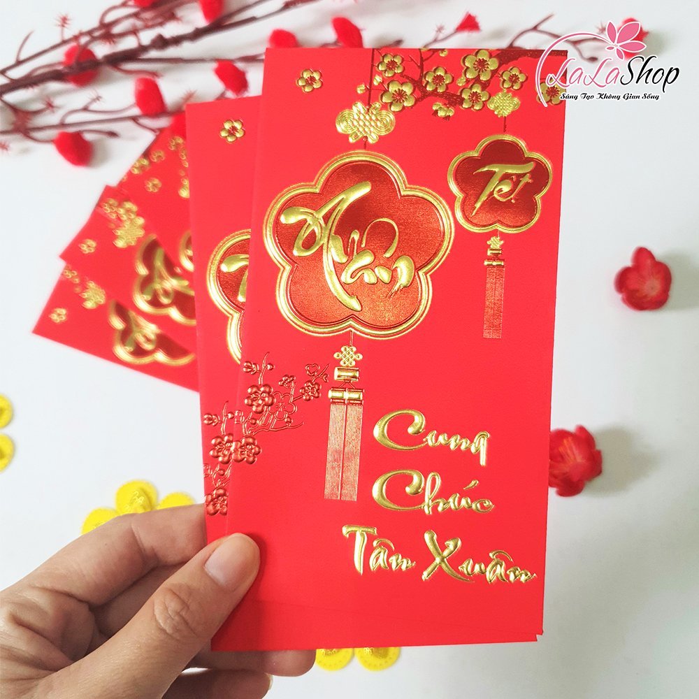 Combo 6 Bao Lì Xì Nhung In Nổi 3D Màu Đỏ Hoa Mai Cung Chúc Tân Xuân