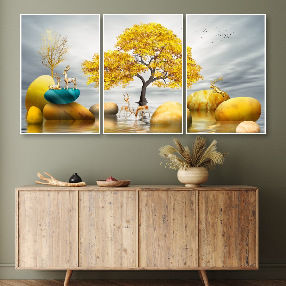 Bộ 3 tấm tranh treo tường hươu v&agrave;ng b&ecirc;n d&ograve;ng suối