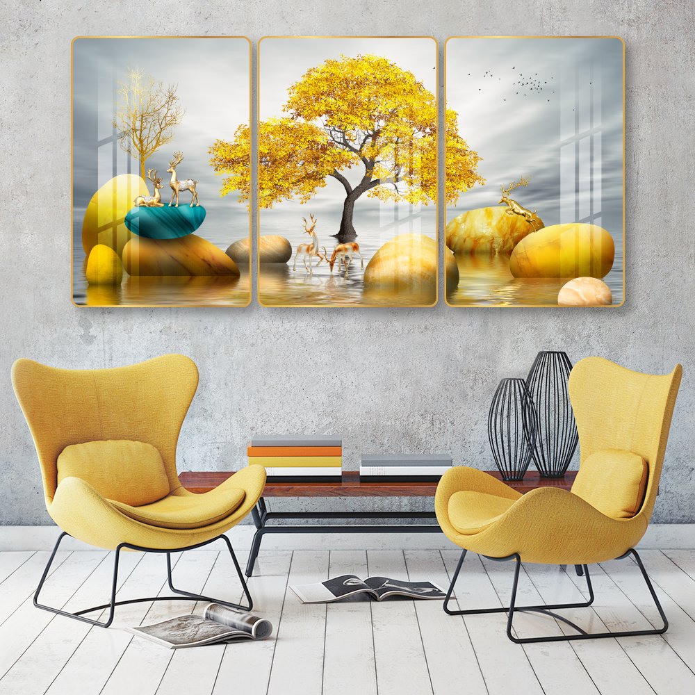 Bộ 3 tấm tranh treo tường hươu v&agrave;ng b&ecirc;n d&ograve;ng suối