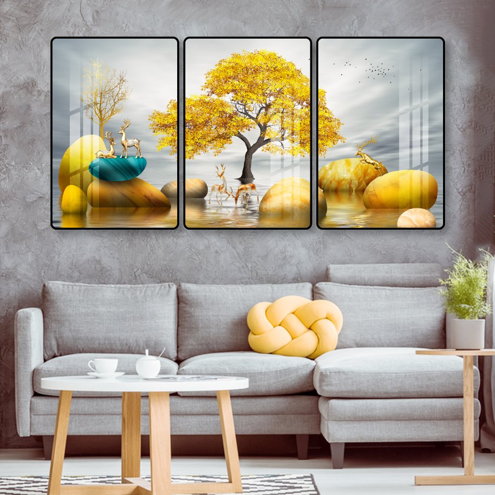 Bộ 3 tấm tranh treo tường hươu v&agrave;ng b&ecirc;n d&ograve;ng suối