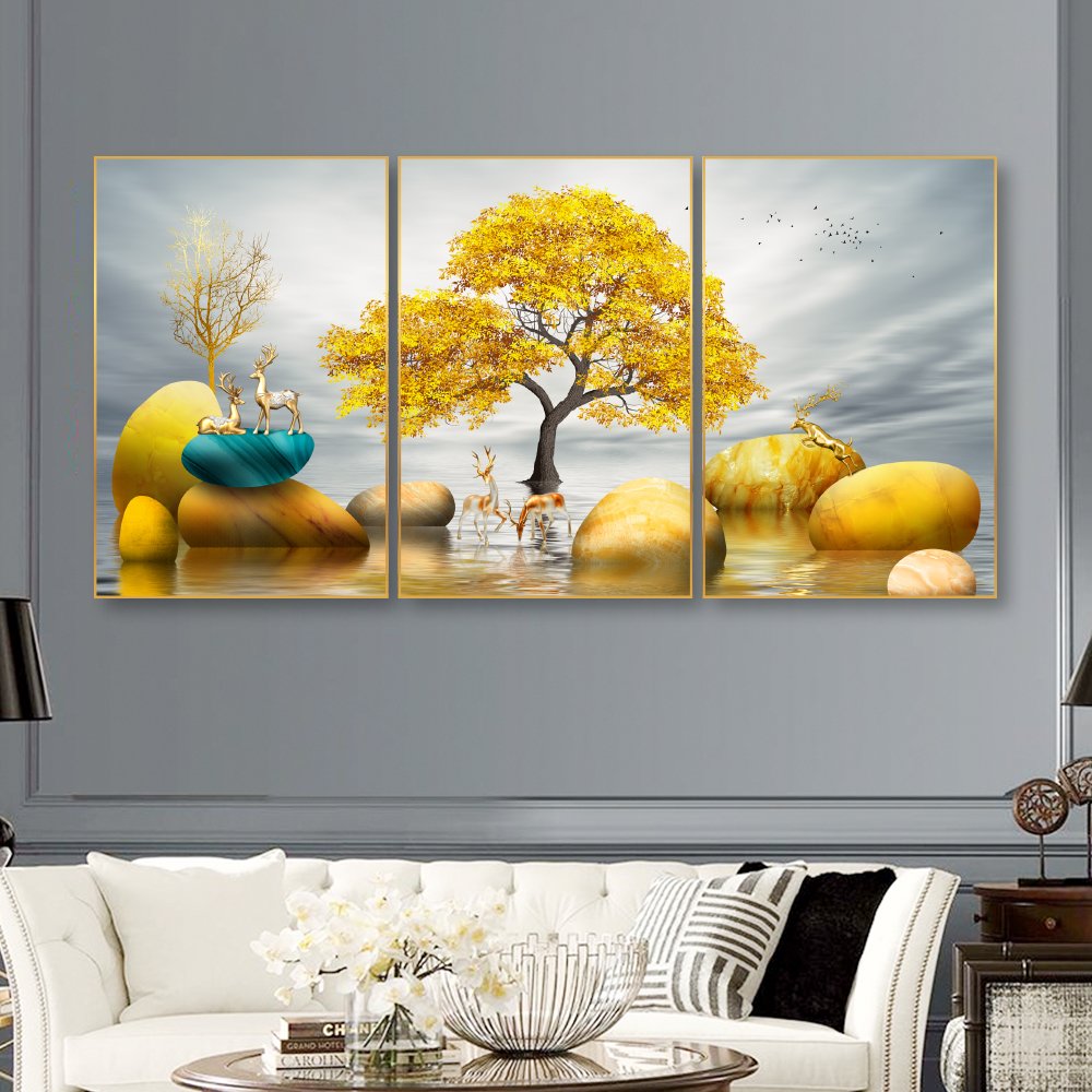 Bộ 3 tấm tranh treo tường hươu v&agrave;ng b&ecirc;n d&ograve;ng suối