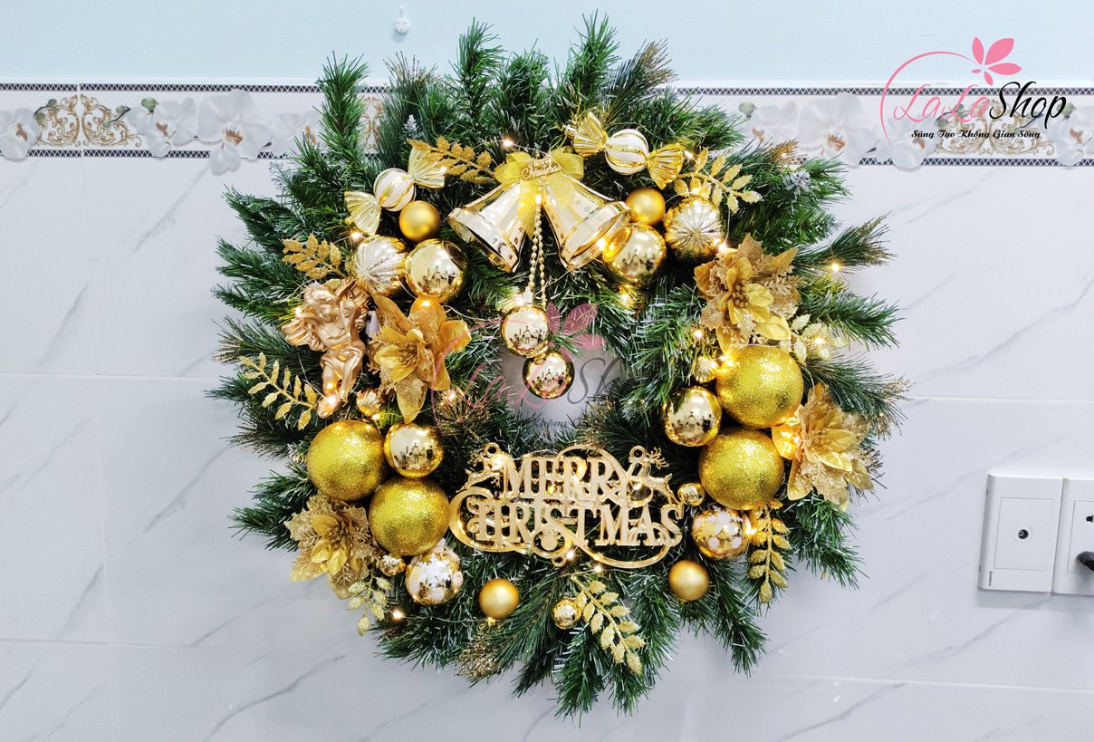 Vòng nguyệt quế 60cm trang trí noel merry Christmas sắc vàng treo cửa kèm đèn led