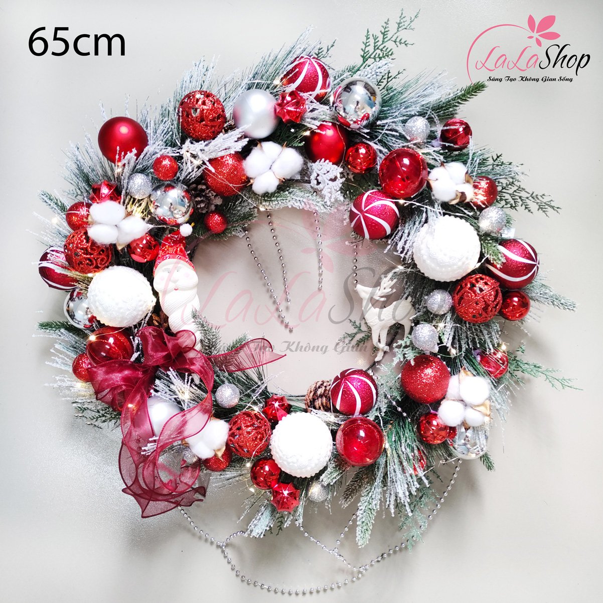 Vòng nguyệt quế 60cm trang trí noel merry Christmas quả châu hoa trạng nguyên sắc màu kèm đèn led