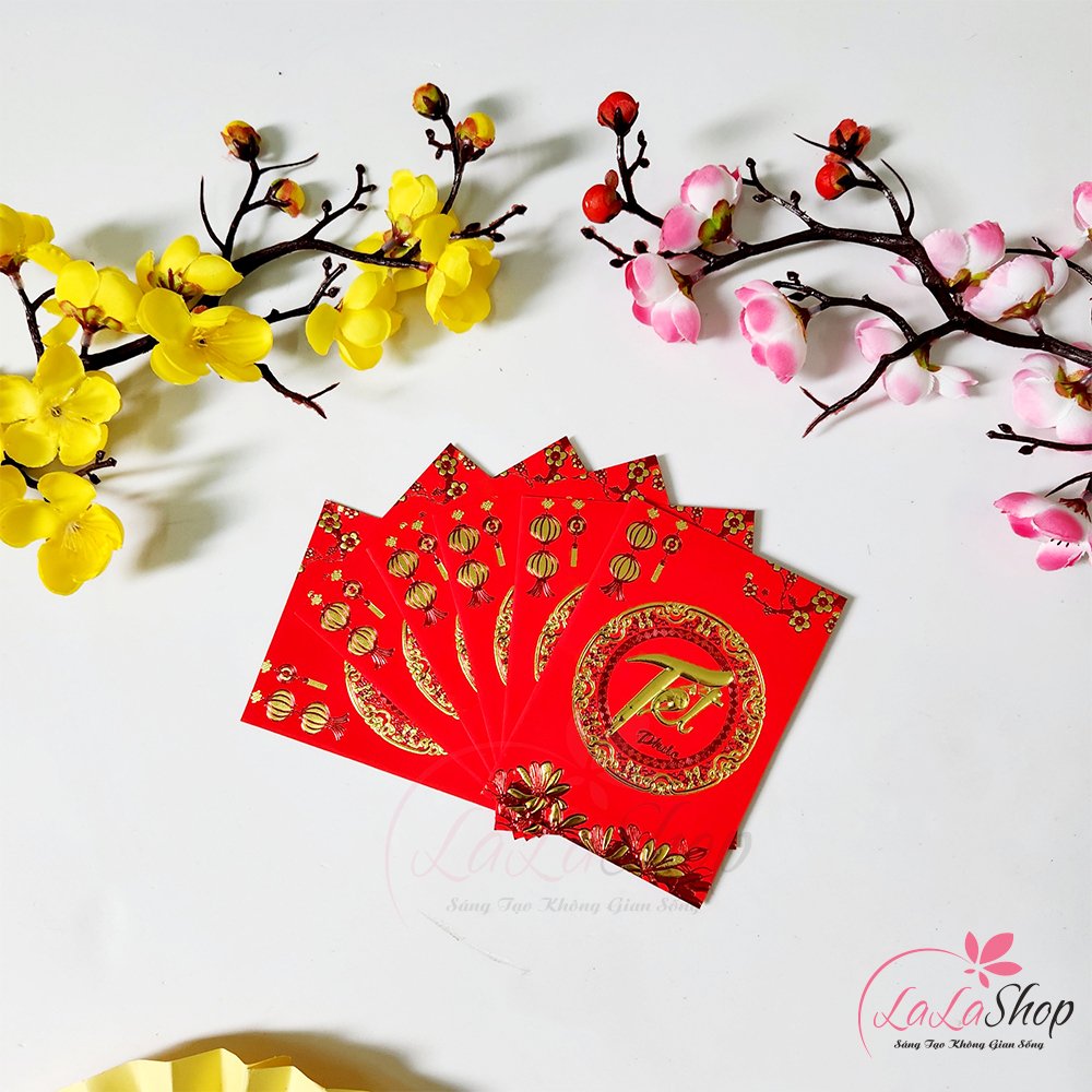 Combo 6 Bao L&igrave; X&igrave; Tết Qu&yacute; M&atilde;o 2023 In Nổi 3D M&agrave;u Đỏ Chữ Tết