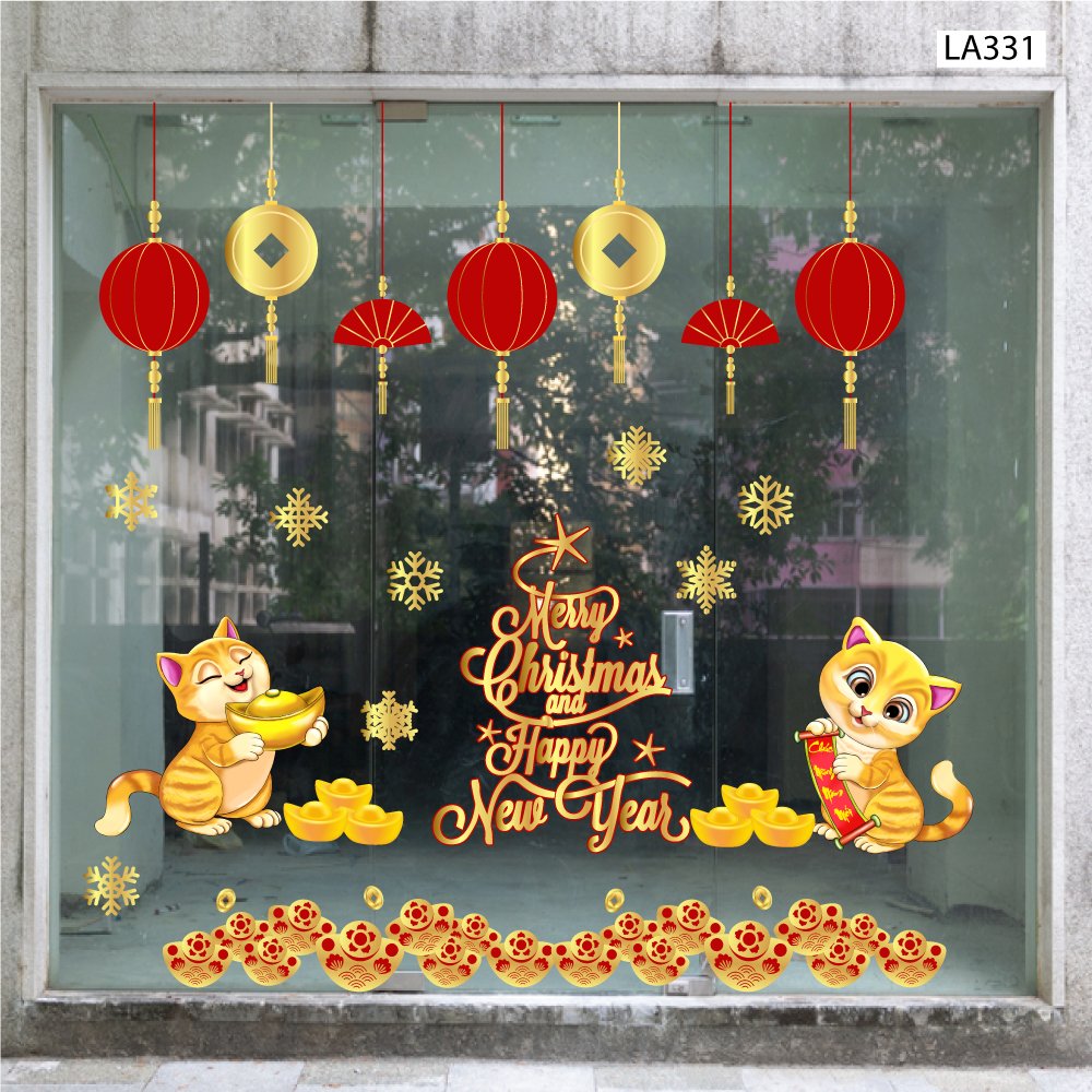 Combo Decal Trang Trí Merry Christmas And Happy New Year Quý Mão