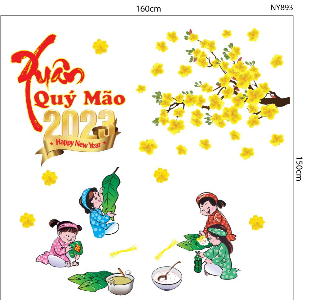 Combo Decal Trang Trí Cửa Kính Ngày Tết Bé Gói Bánh Chưng 2023