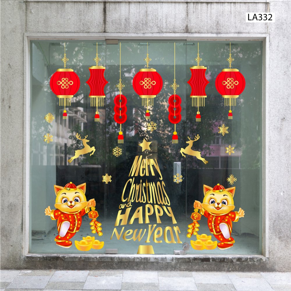 Combo Decal Trang Trí Merry Christmas And Happy New Year Quý Mão Mẫu 2