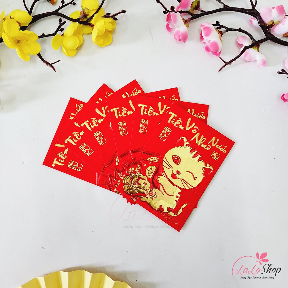 Combo 6 Bao L&igrave; X&igrave; Tết Qu&yacute; M&atilde;o 2023 In Nổi 3D M&agrave;u Đỏ Tiền V&ocirc; Như Nước