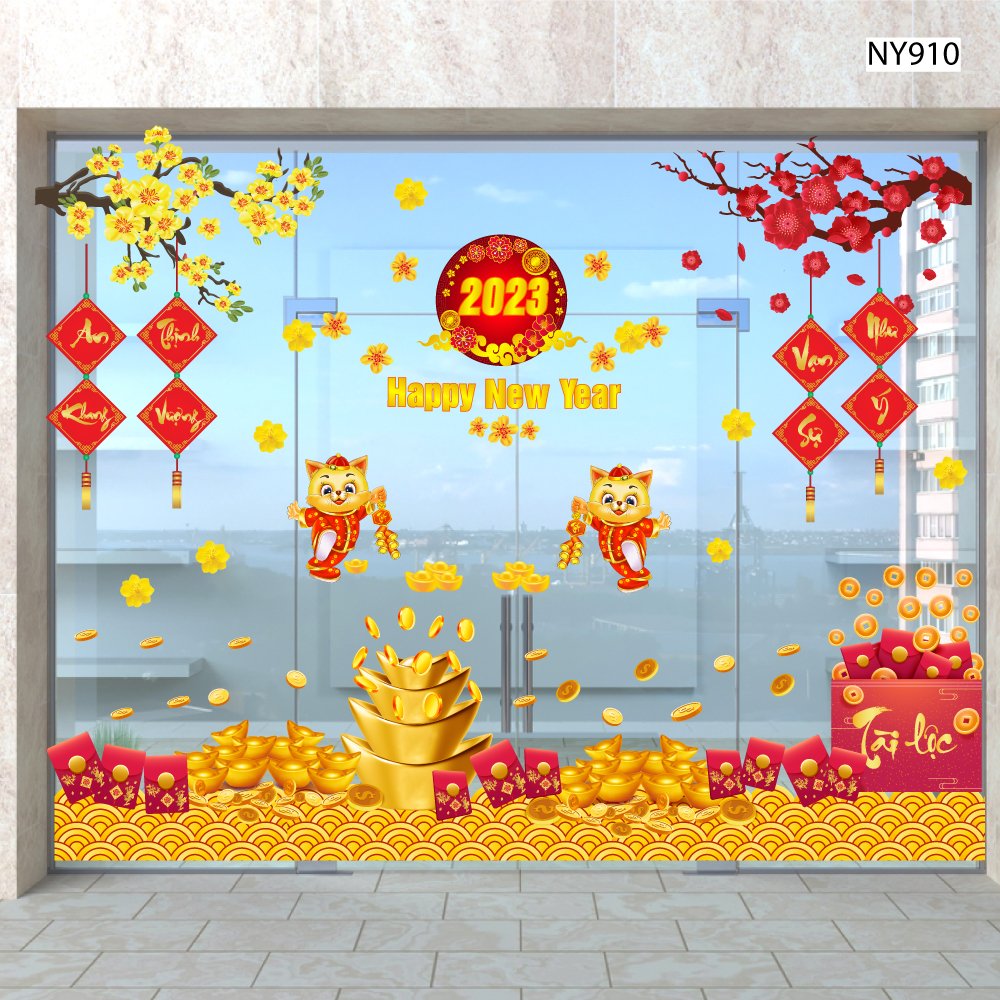 Combo Decal Trang Trí Tết Happy New Year 2023