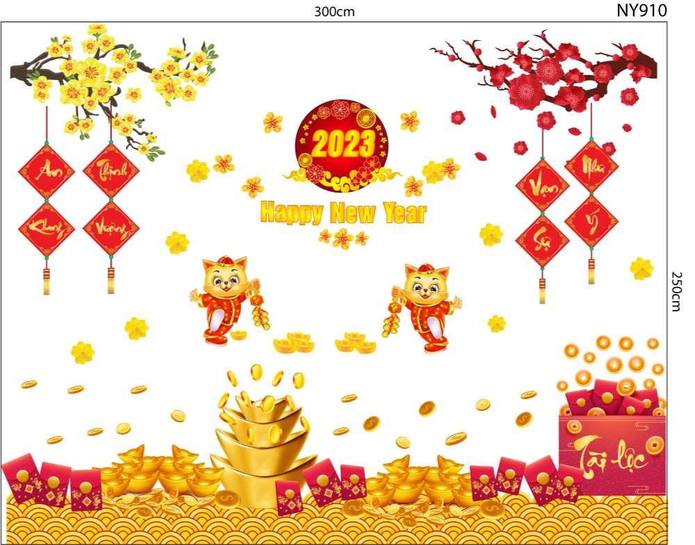 Combo Decal Trang Trí Tết Happy New Year 2023