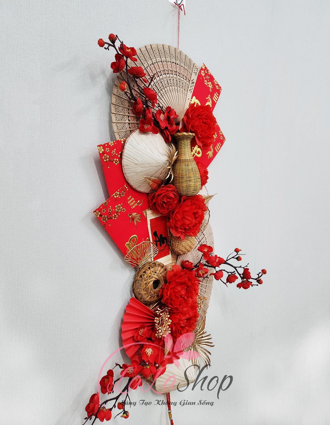 Liễn tết 1m2 quạt nón lá sắc đỏ tài lộc trang trí tết
