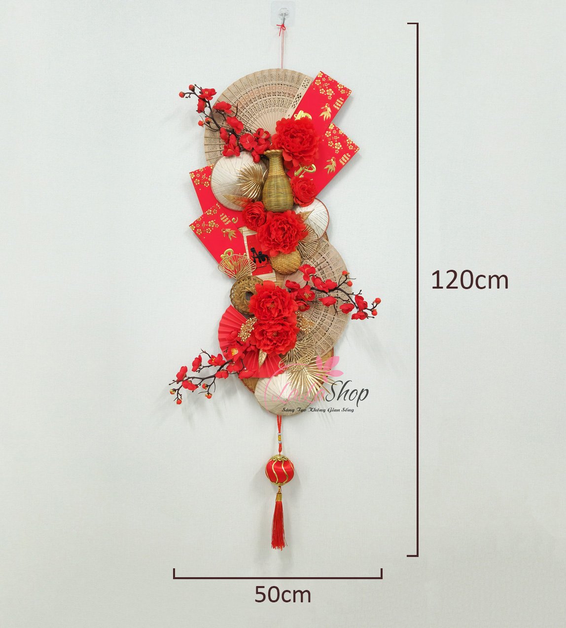 Liễn tết 1m2 quạt nón lá sắc đỏ tài lộc trang trí tết