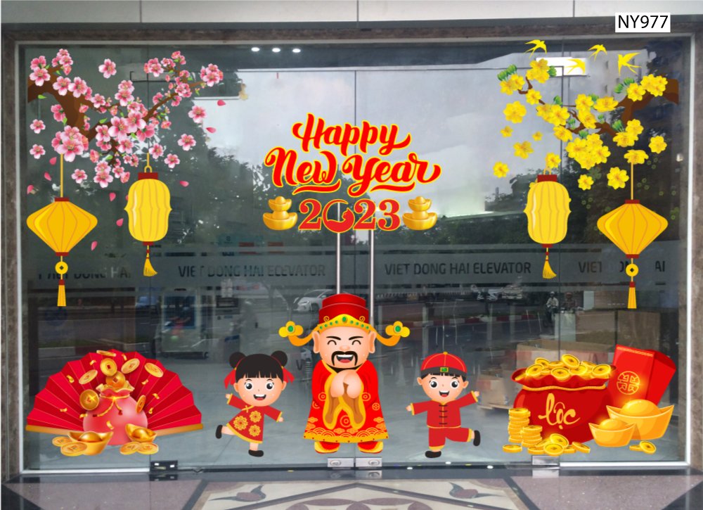 Combo Decal Trang Trí Tết Happy New Year Thần Tài Chúc Xuân