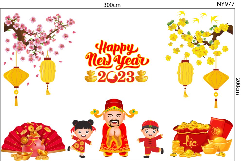 Combo Decal Trang Trí Tết Happy New Year Thần Tài Chúc Xuân