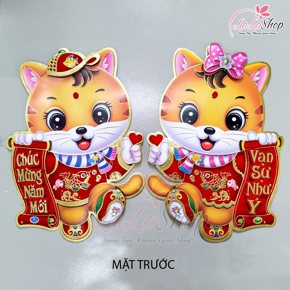 Bộ hình dán nổi hình hai chú mèo chúc mừng năm mới vạn sự như ý mẫu 1