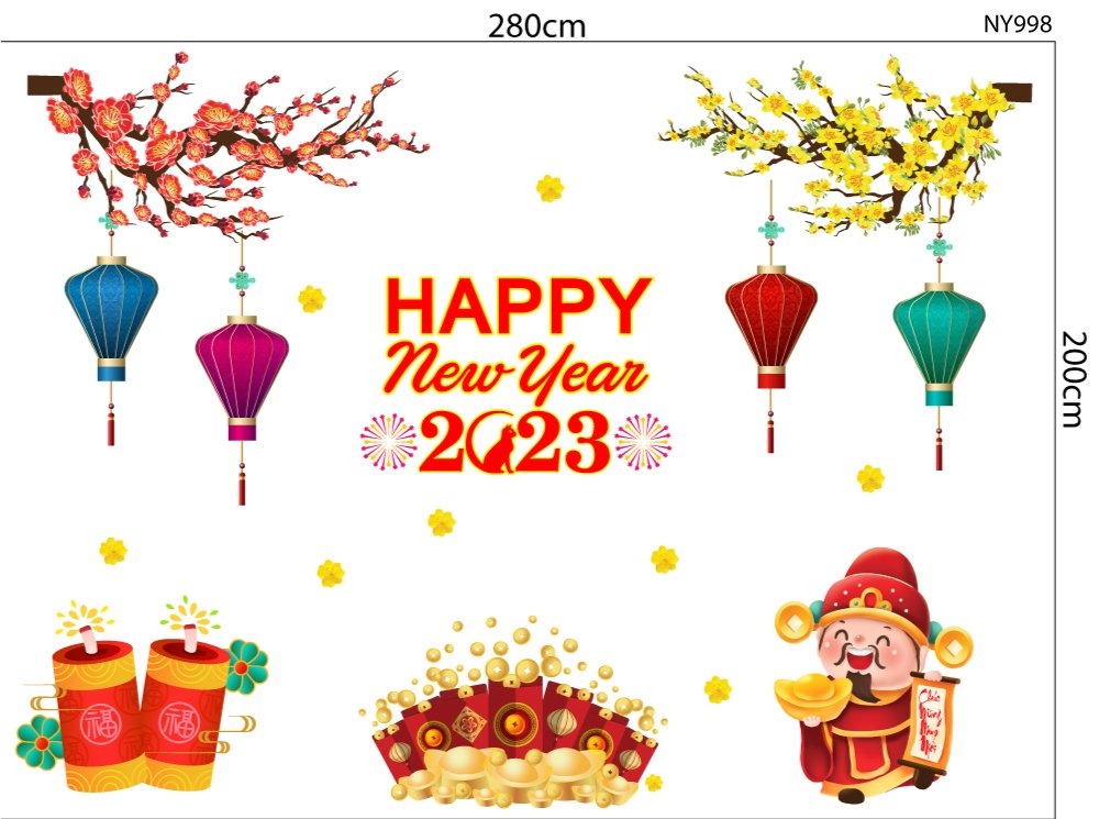 Combo Decal Trang Trí Tết Happy New Year Lì Xì Đón Tài Lộc