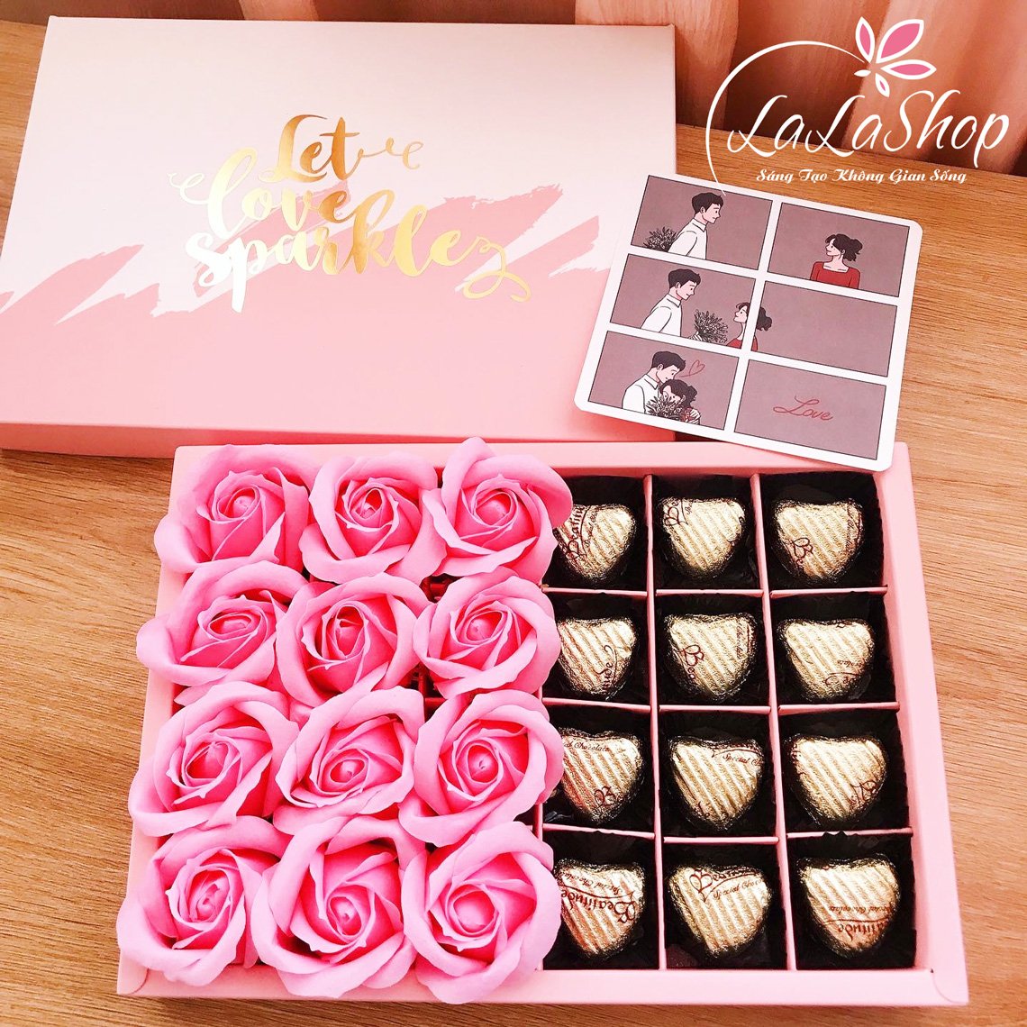 Hộp 12 viên socola valentine ngọt ngào kèm hoa hồng mẫu 1
