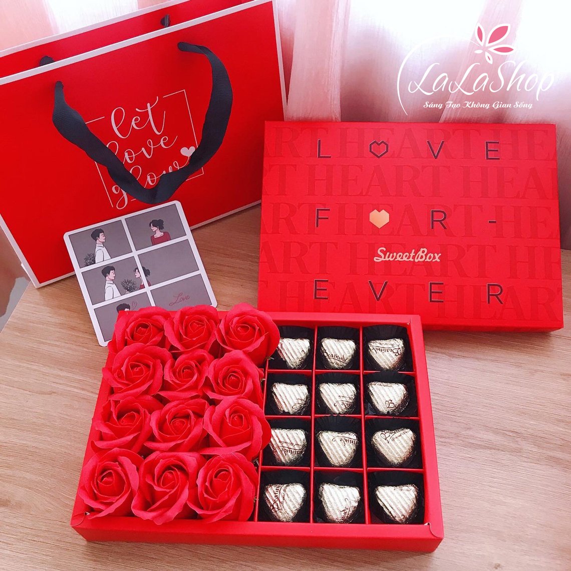Hộp 12 viên socola valentine ngọt ngào kèm hoa hồng mẫu 3