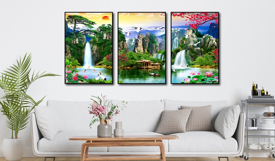 Người mệnh Kim có thể lựa chọn tranh treo phòng khách có màu xanh lá, phong cảnh