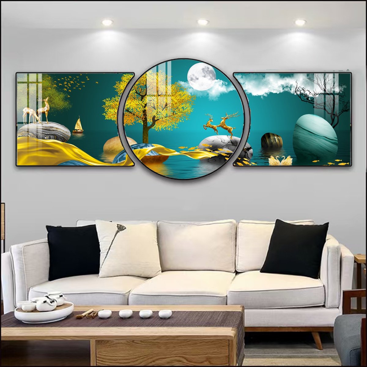 Tranh Tráng Gương Hươu Nai Cây Vàng Tài Lộc