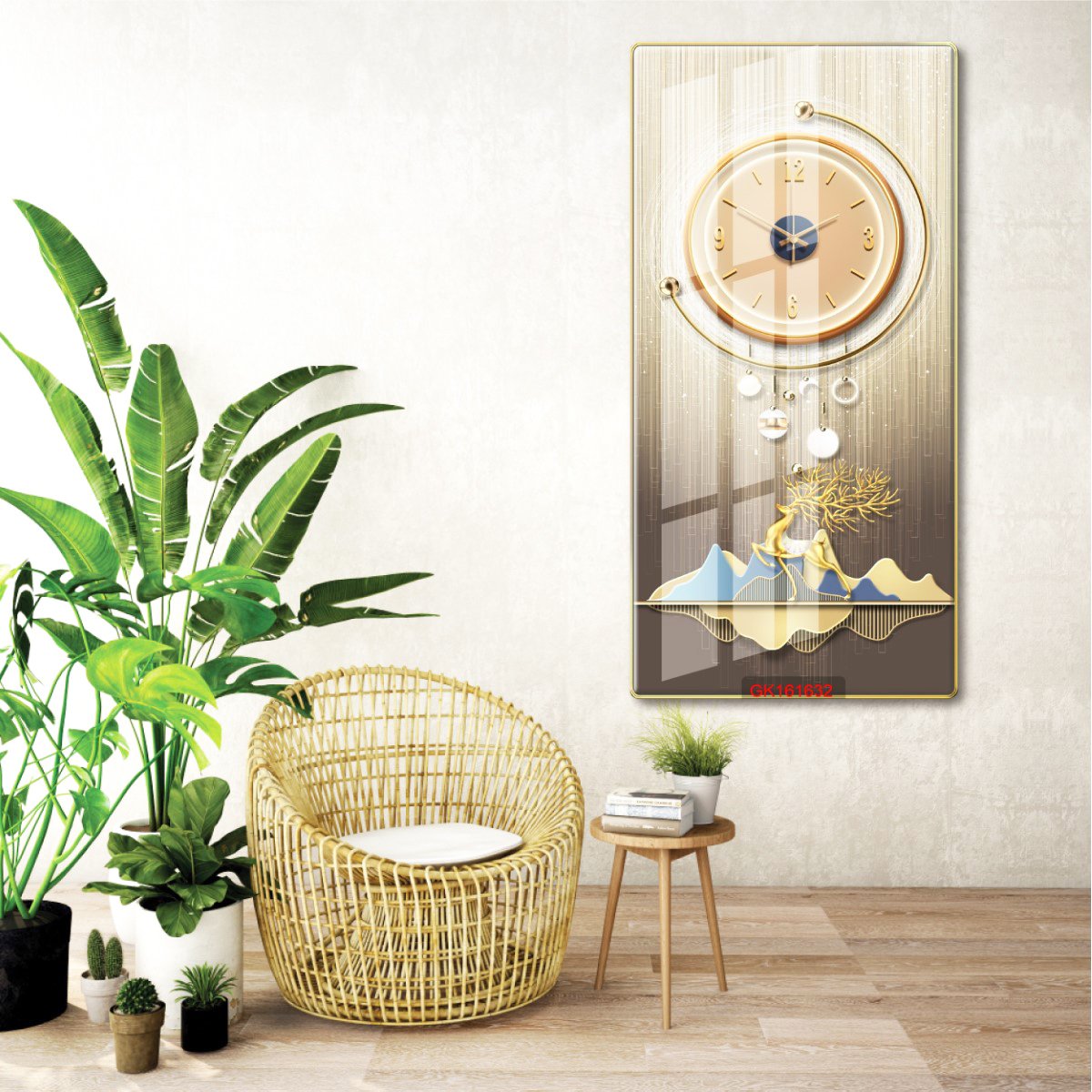 Tranh Đồng Hồ Treo Tường UV Pha Lê Bóng Hươu Nai Vàng Tài Lộc