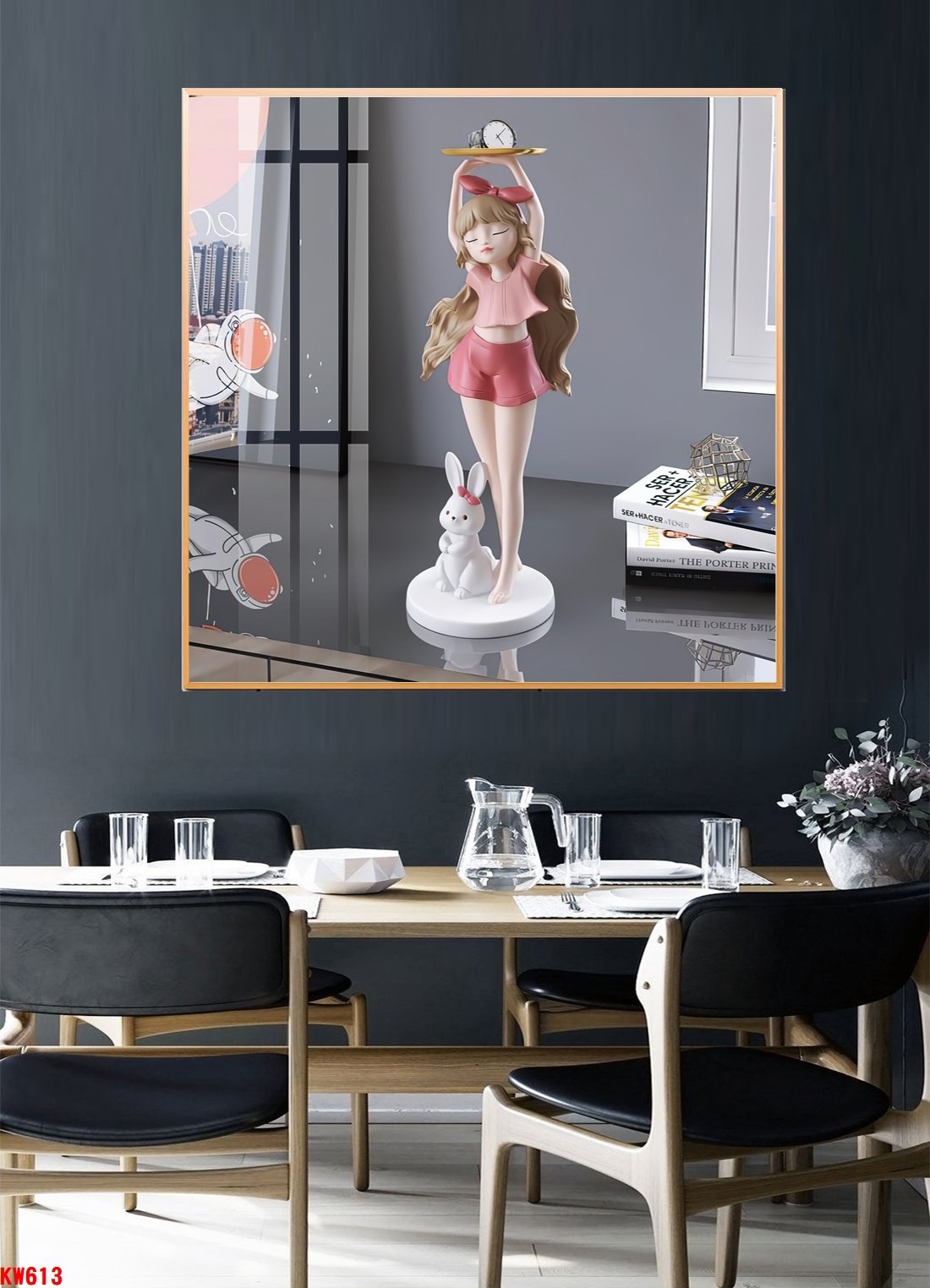 Tranh Treo Tường Cô Gái Bê Khay Đựng Đồng Hồ Và Con Thỏ