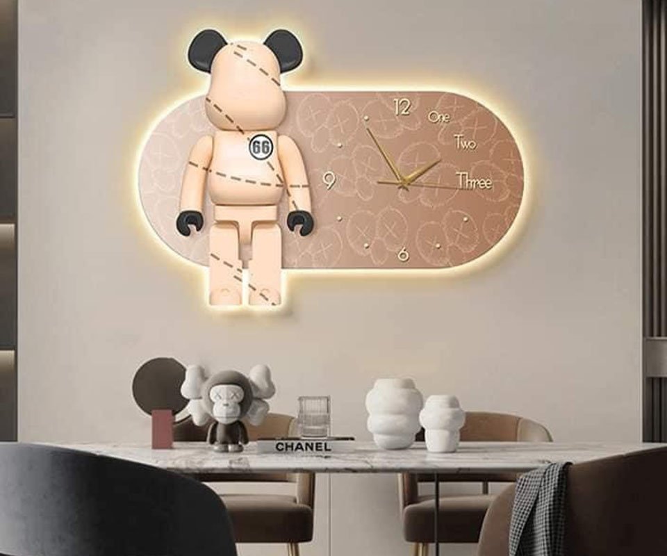 Tranh Đèn Led Treo Tường Phòng Khách Đồng Hồ Chú Gấu Bearbrick Kaws Toy