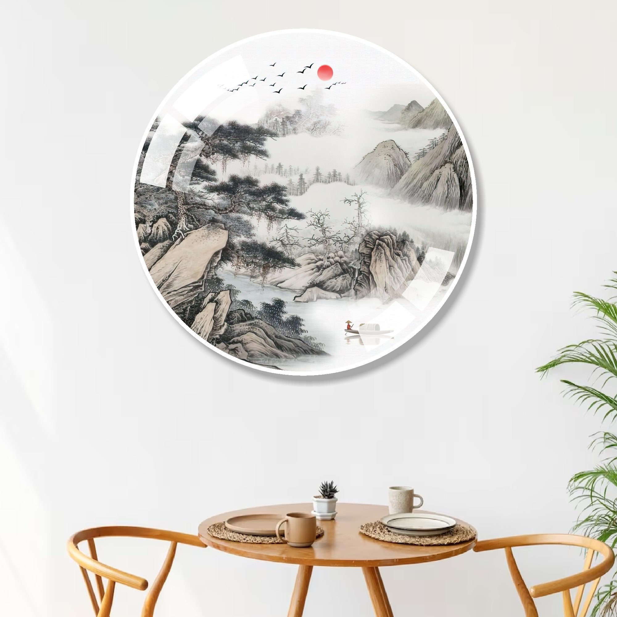 Tranh tròn tráng gương phòng khách phong cảnh thủy mặc sơn nước