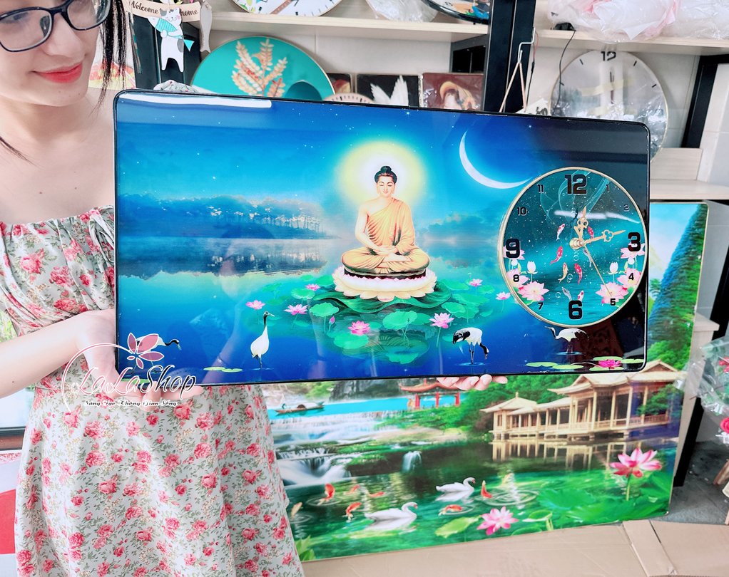 Tranh Đồng Hồ nổi 3D Treo Tường Phật ngồi tòa sen Mẫu 502