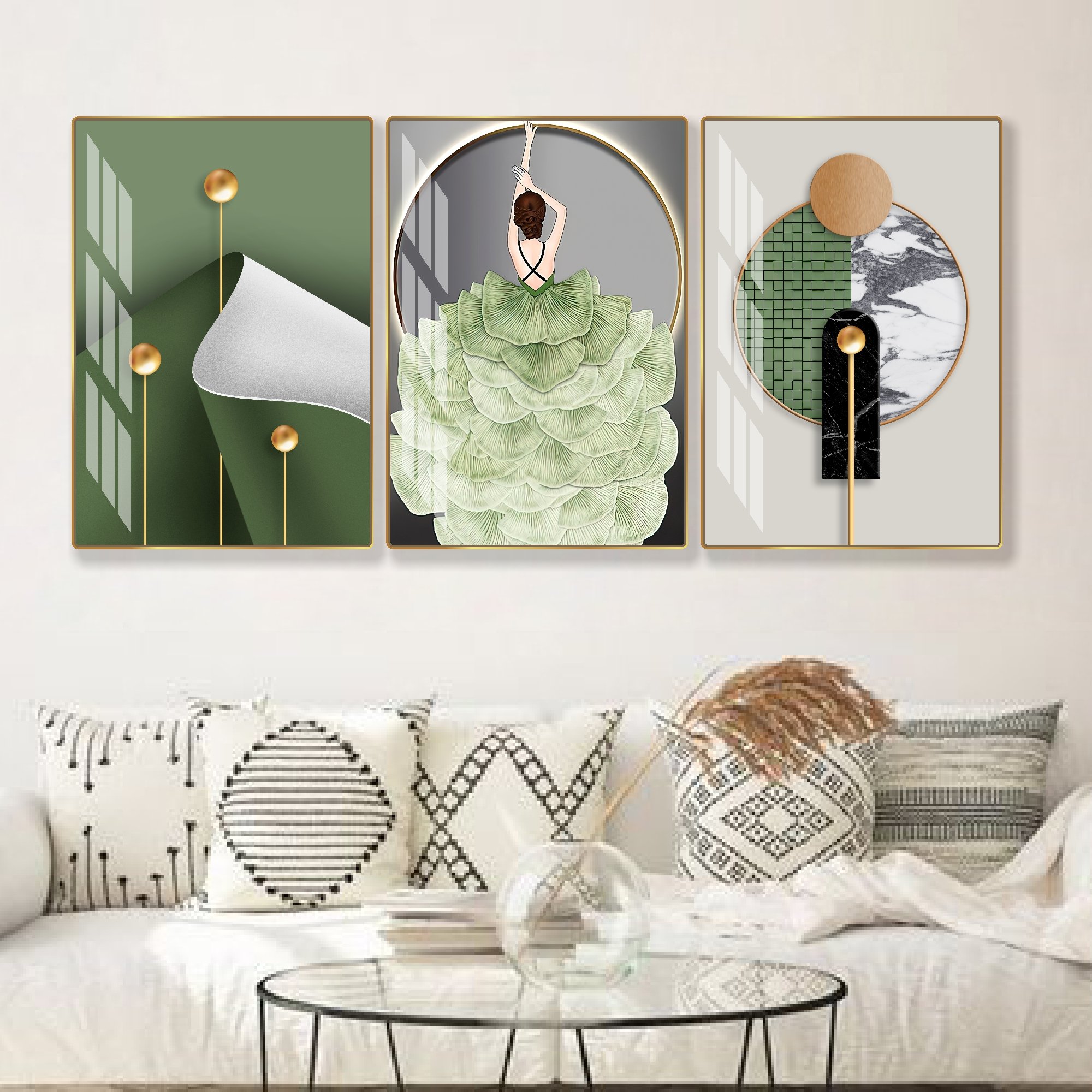 Tranh treo tường ph&ograve;ng kh&aacute;ch c&ocirc; g&aacute;i rẻ quạt nghệ thuật 95