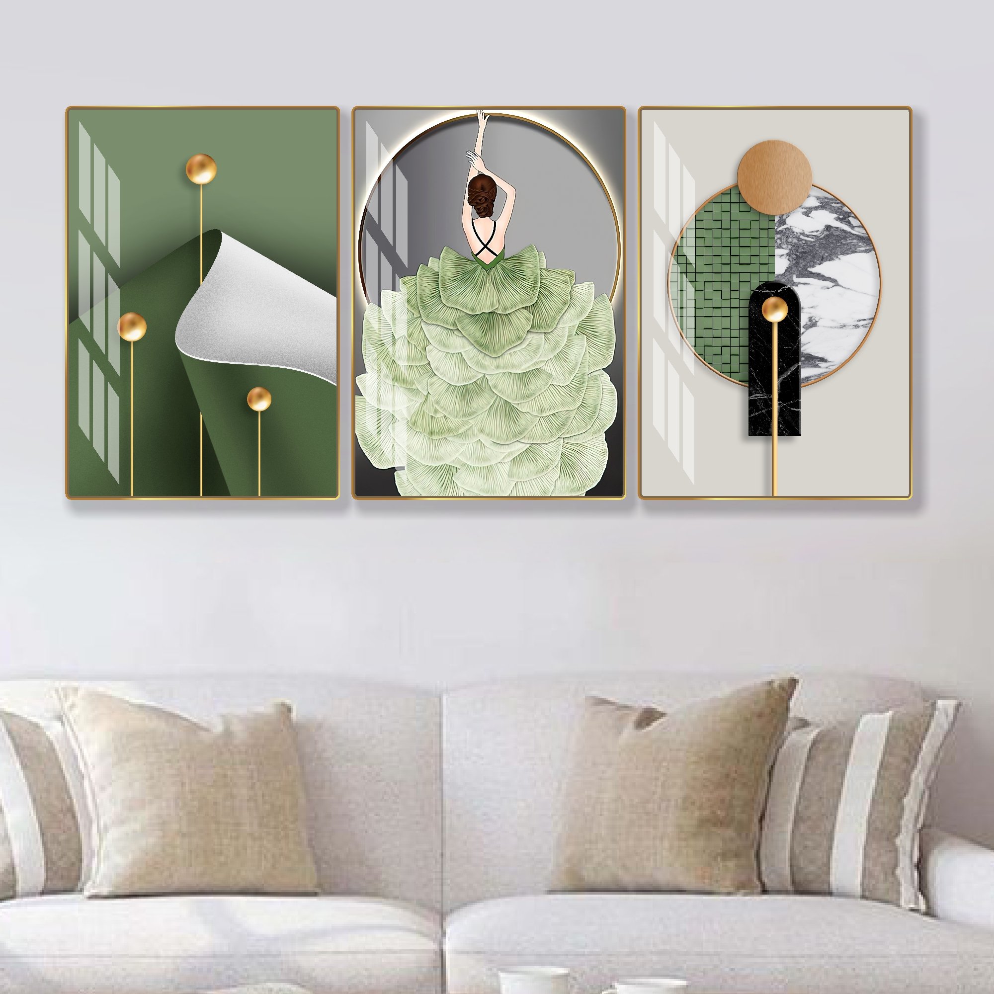 Tranh treo tường ph&ograve;ng kh&aacute;ch c&ocirc; g&aacute;i rẻ quạt nghệ thuật 95