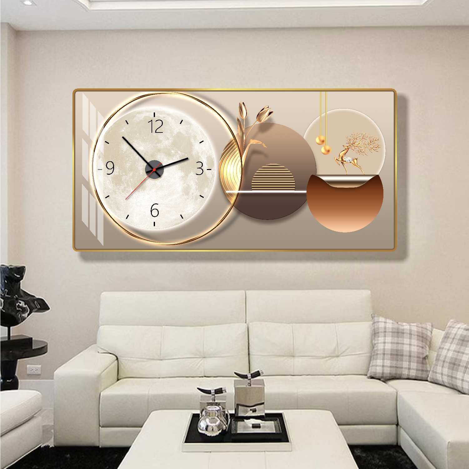 Tranh Đồng Hồ Treo Tường UV Pha L&ecirc; B&oacute;ng Hươu V&agrave;ng V&agrave; Mặt Trăng Nghệ Thuật