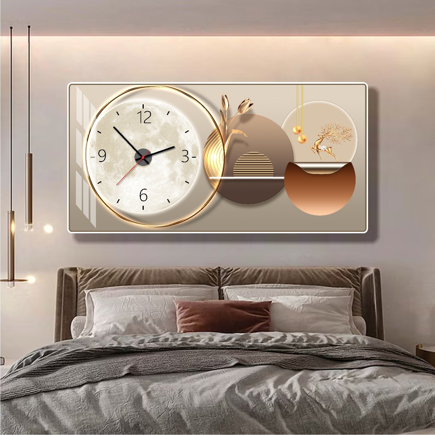 Tranh Đồng Hồ Treo Tường UV Pha L&ecirc; B&oacute;ng Hươu V&agrave;ng V&agrave; Mặt Trăng Nghệ Thuật