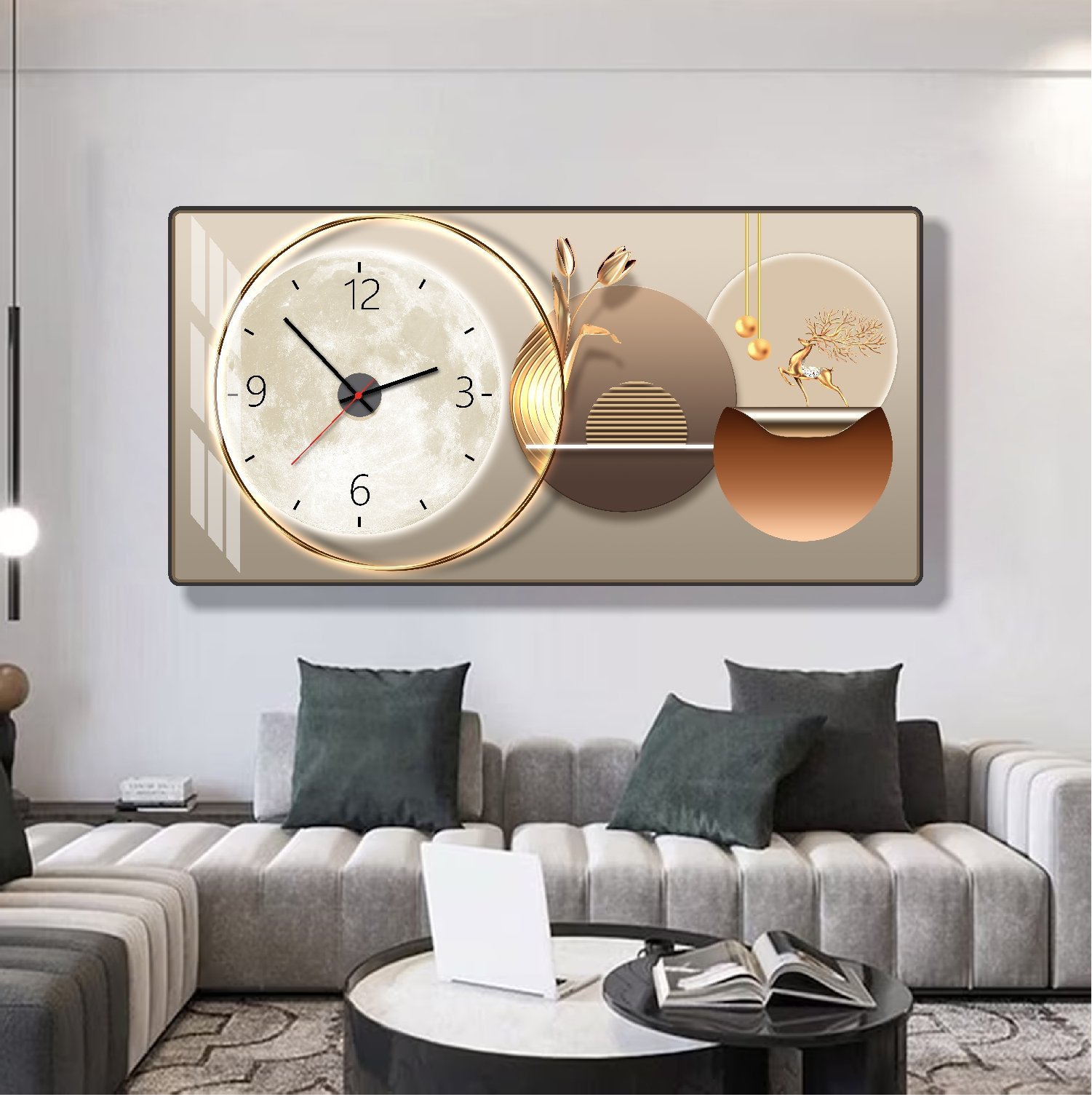 Tranh Đồng Hồ Treo Tường UV Pha L&ecirc; B&oacute;ng Hươu V&agrave;ng V&agrave; Mặt Trăng Nghệ Thuật