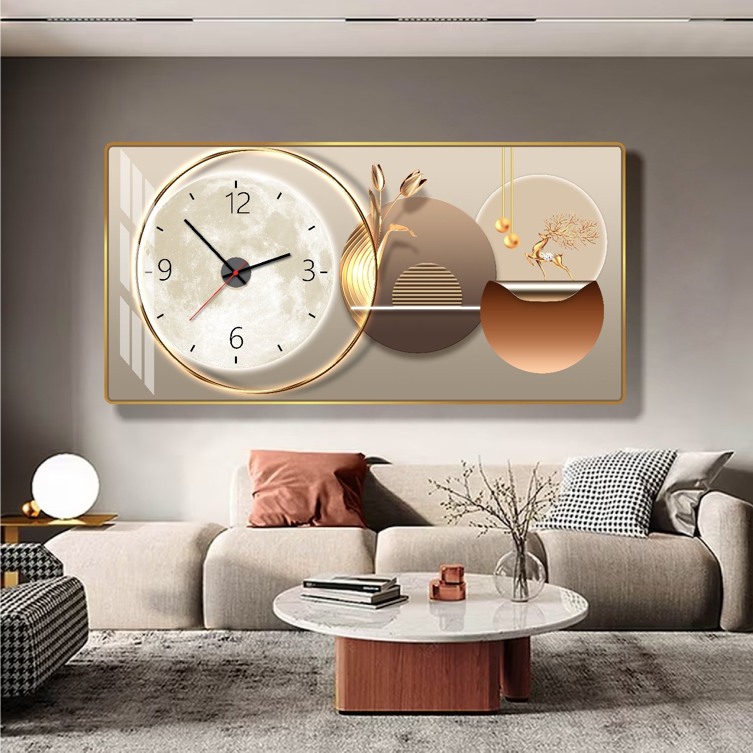 Tranh Đồng Hồ Treo Tường UV Pha L&ecirc; B&oacute;ng Hươu V&agrave;ng V&agrave; Mặt Trăng Nghệ Thuật