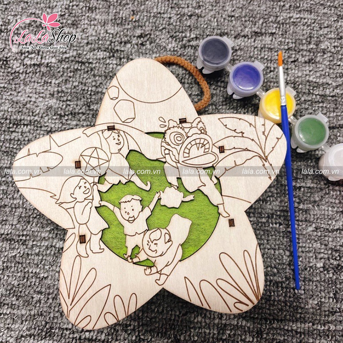 Lồng Đèn Trung Thu Bằng Gỗ Hình Ngôi Sao Múa Lân Kèm Màu