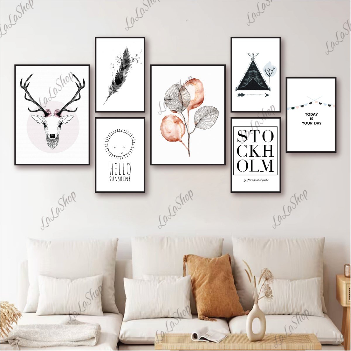 Set 7 Tranh Dán Tường Hươu Và Lá Nghệ Thuật Có Keo Sẵn