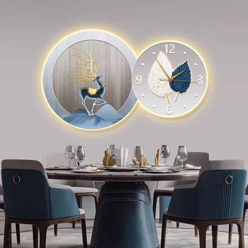 Tranh Đồng Hồ Đèn Led Tráng Gương Pha Lê Uv Hươu Và Chiếc Lá