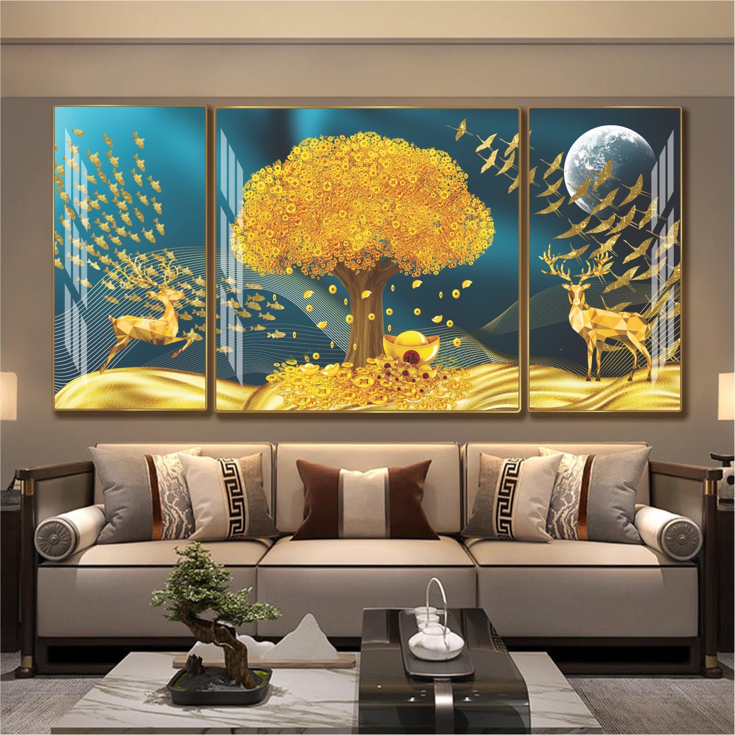 Tranh treo tường phòng khách hươu nghệ thuật đương đại mẫu 773