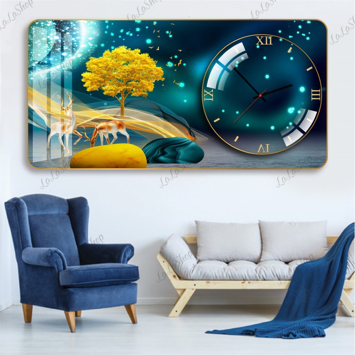 Tranh Đồng Hồ Nổi 3D Hươu Vàng Tài Lộc Mẫu 575