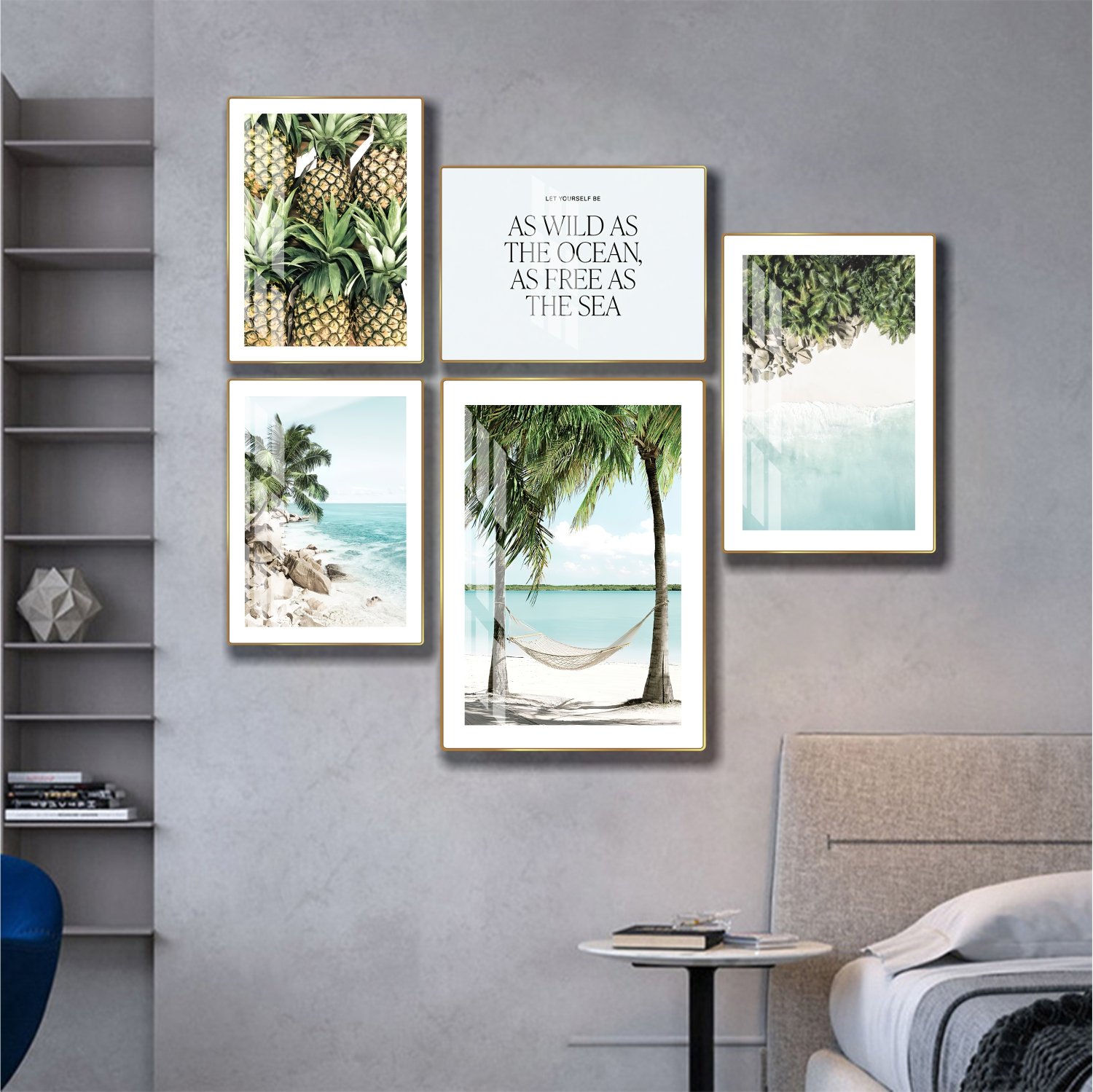 Tranh treo tường phong cảnh biển bộ 5 tấm xanh m&aacute;t mẫu 855