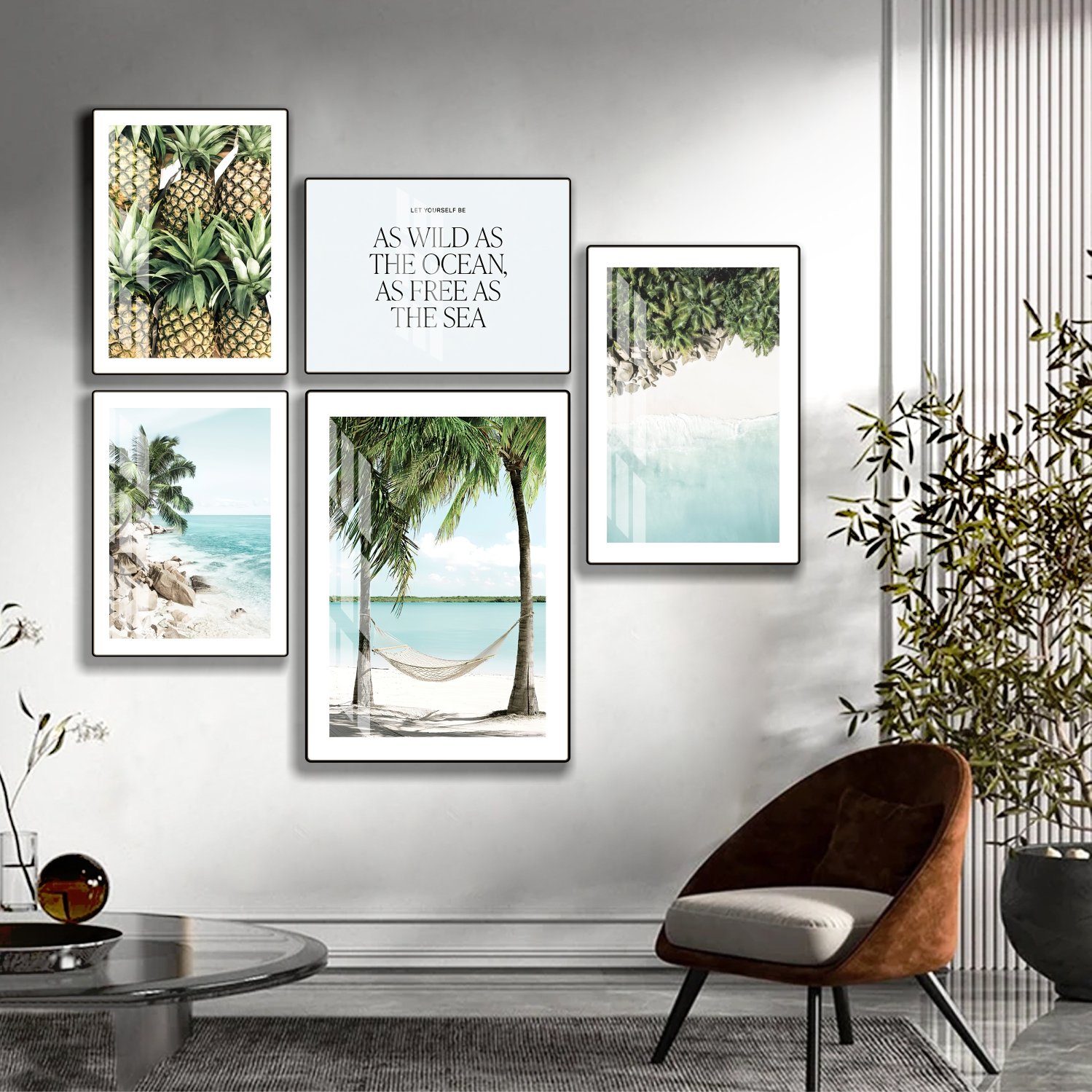 Tranh treo tường phong cảnh biển bộ 5 tấm xanh m&aacute;t mẫu 855