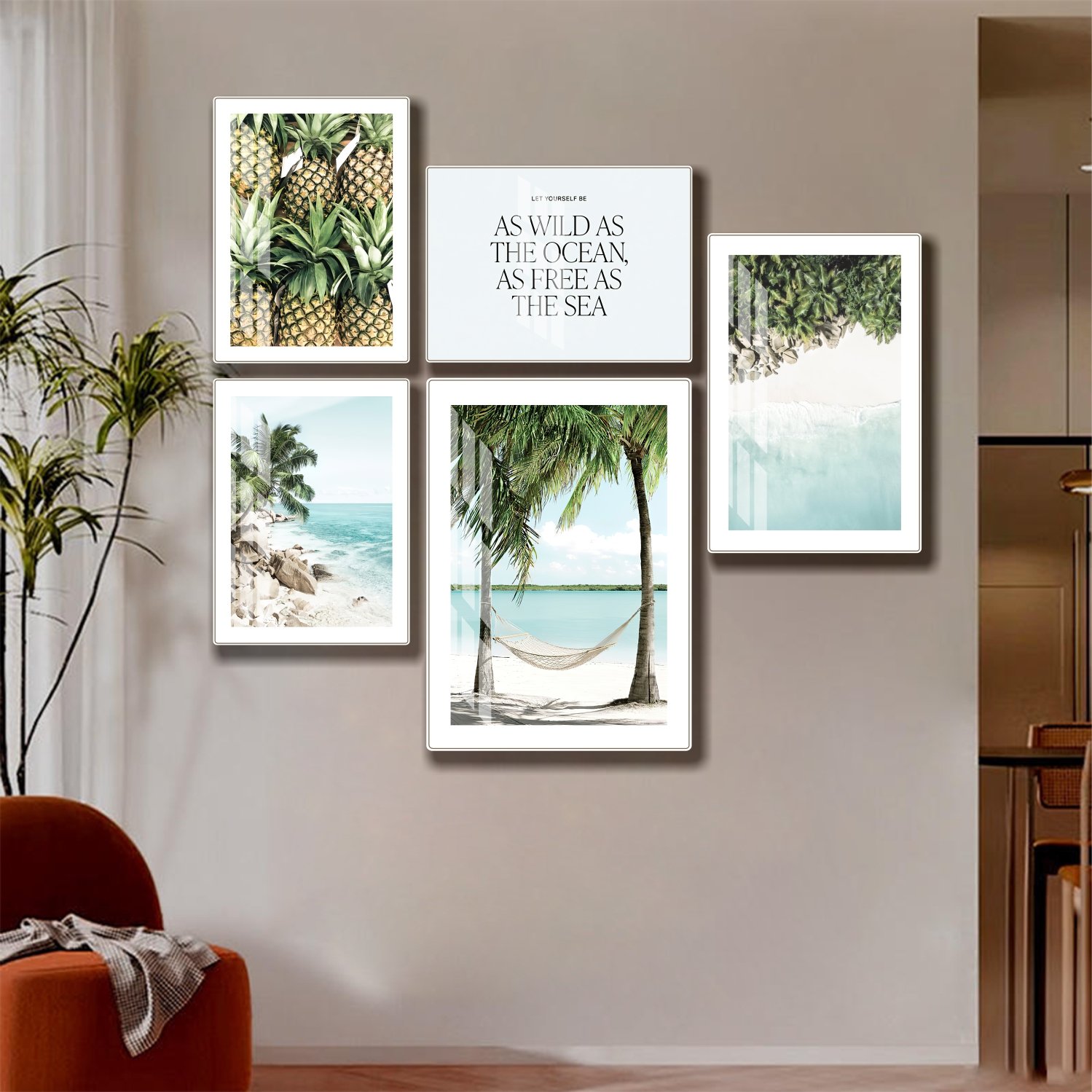 Tranh treo tường phong cảnh biển bộ 5 tấm xanh m&aacute;t mẫu 855