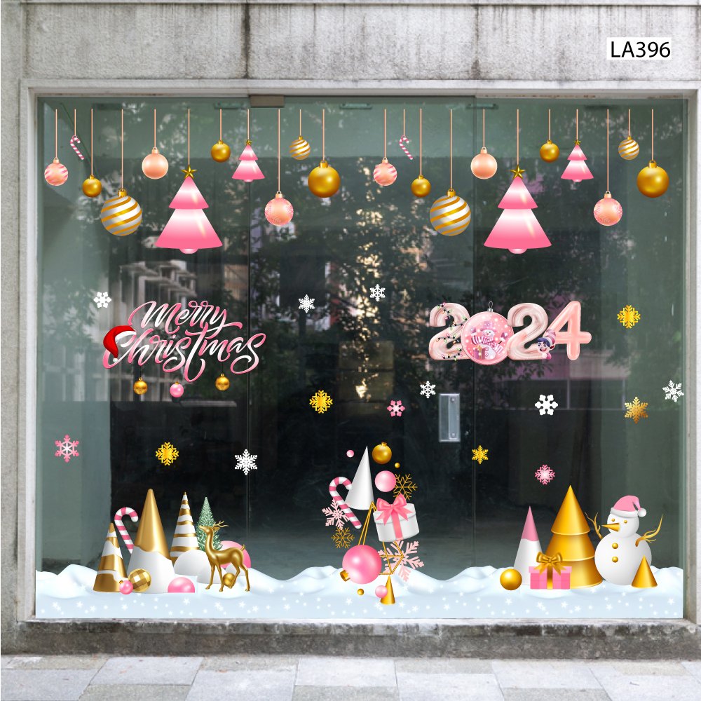 Combo Decal Trang Trí Noel Hộp Quà Và Cây Thông Hồng Mẫu 396