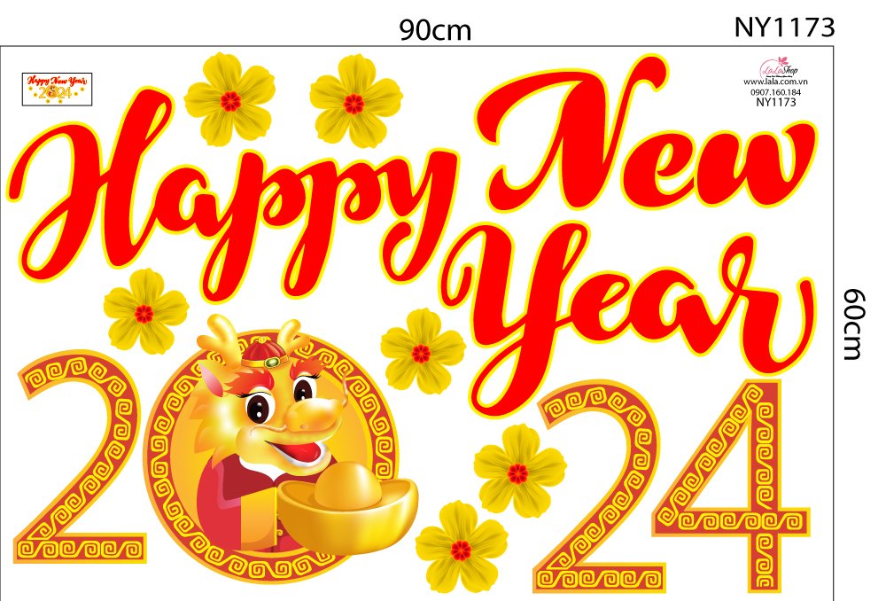 Decal Trang Trí Tết Hoa Mai Vàng Happy New Year 2024