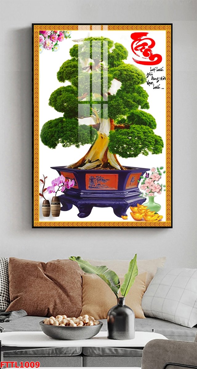 Tranh Treo Tường Chữ Tâm Và Chậu Cây BonSai