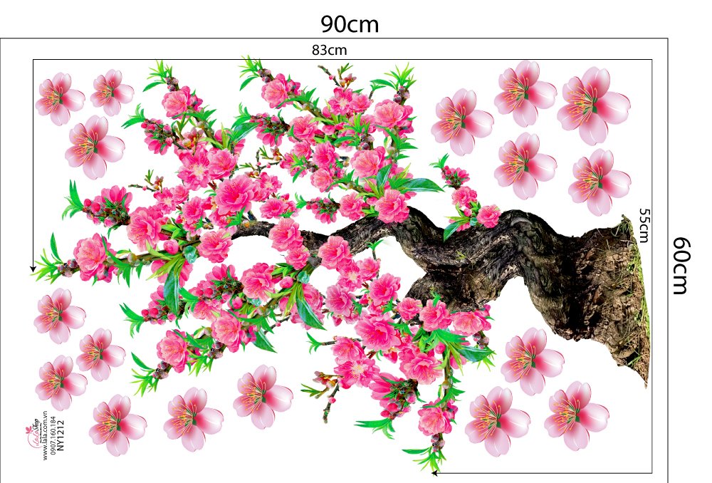 Decal Trang Trí Tết Cây Đào Hồng Khoe Sắc Đón Xuân