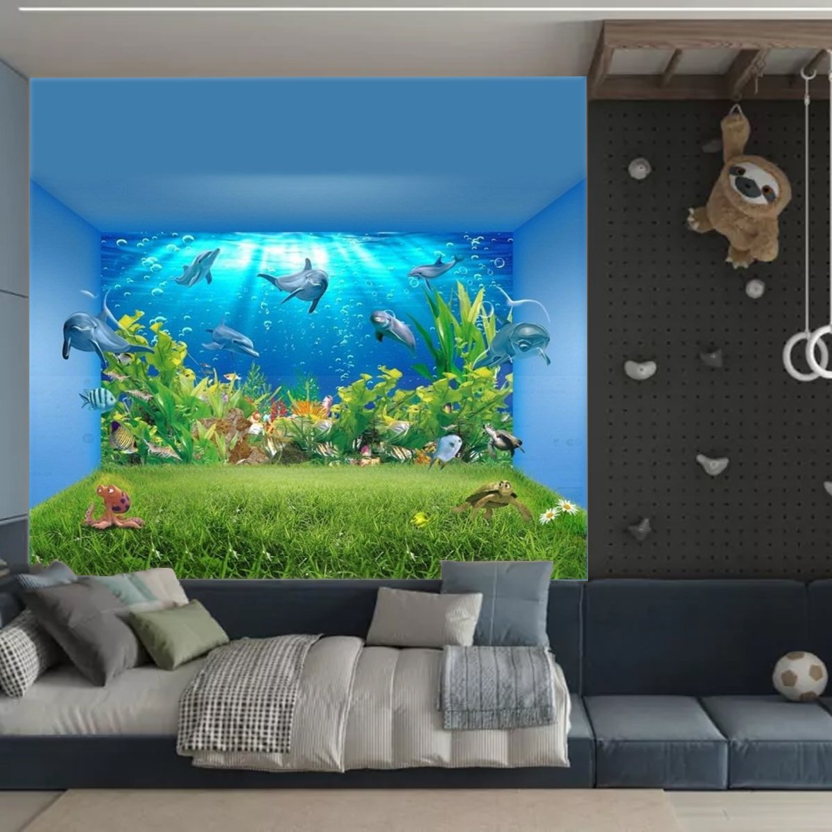 Tranh Dán Tường Phong Cảnh Biển Cá Heo Xanh 3D